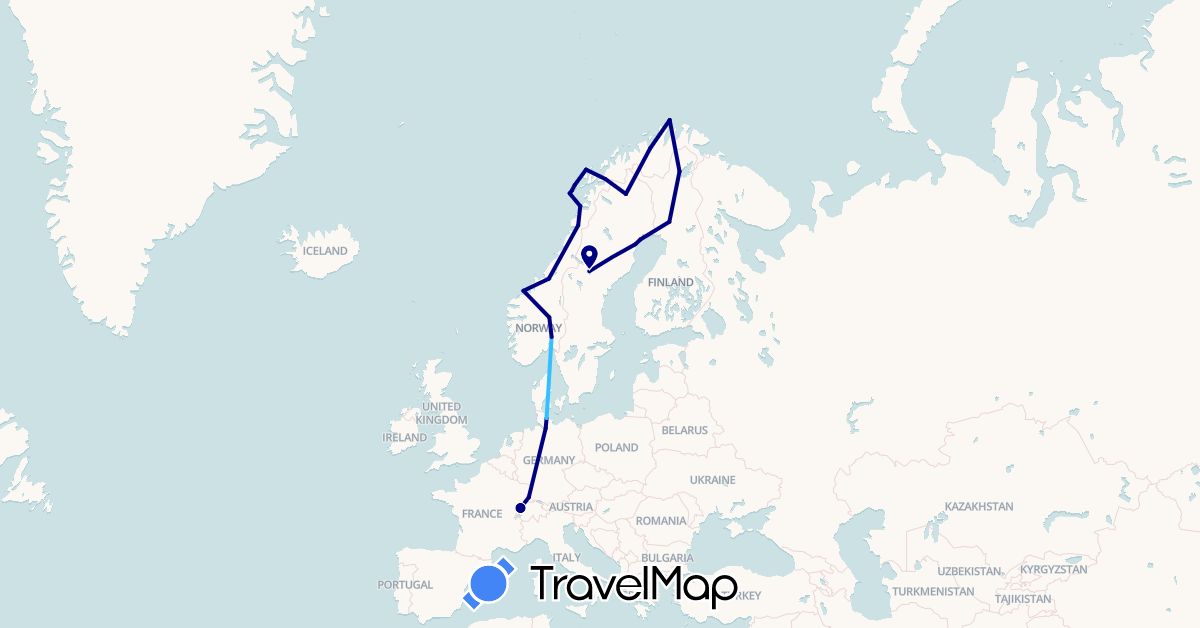 TravelMap itinerary: driving, boat in Switzerland, Germany, Finland, Norway, Sweden (Europe)